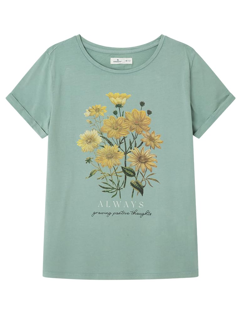 SPRINGFIELD Women's Floral Graphic Print Short Sleeve T-Shirt, Green Lake, XS