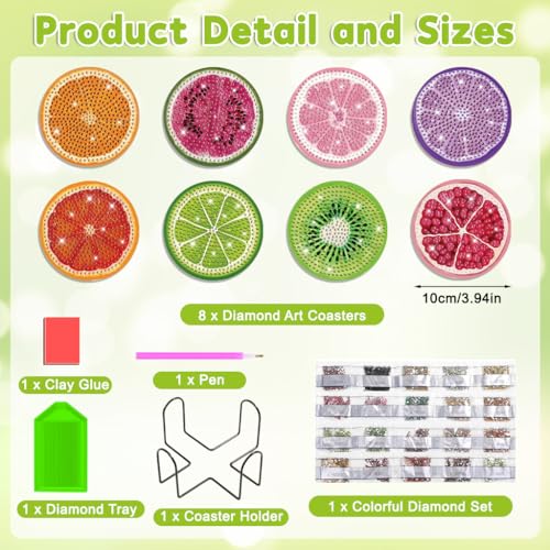 Image of HASTHIP DIY Diamond Painting Coasters Set of 8 with Holder - Fruit Theme Home Decor Coasters for Dining Table,Ideal Gift for Women DIY Diamond Art Crafts Projects Gift Women Handmade