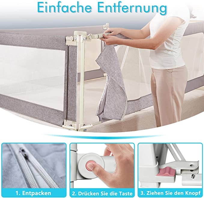 Aufun Griglia di protezione per lettino, con funzione di sollevamento verticale e protezione anticaduta, per la sicurezza dei bambini durante il sonno (150 cm)