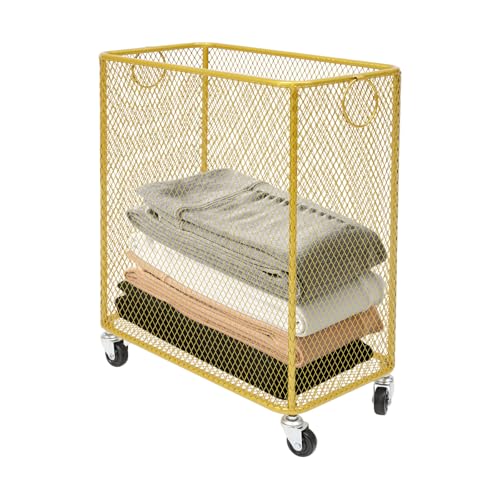 Image of Wire Metal Rolling Laundry Basket On Wheels,Gold Mesh Wire Laundry Basket Storage Cart for Bathroom Bedroom Dirty Clothes Storage (I)