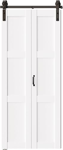 Vista 3 de Puerta de granero plegable de 36 pulgadas (18 x 2) x 84 pulgadas, puertas plegables de 3 paneles con kit de accesorios deslizantes, losa para puerta