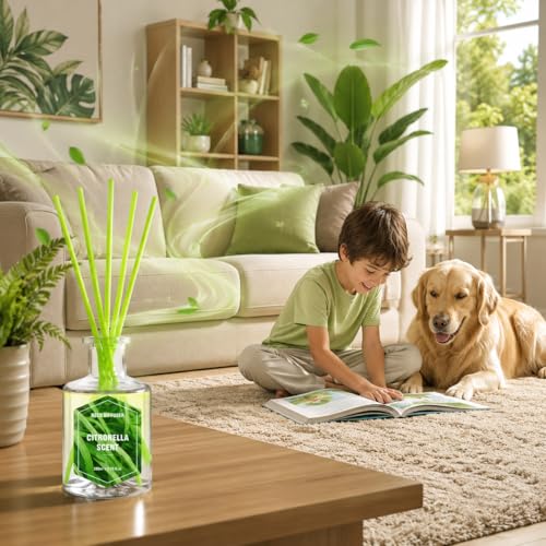 Image of STRN Lemongrass Reed Diffusers, Citronella Reed Diffuser Set, 200ML with 6 Sticks for Summer Indoor Outdoor, Bathroom, Bedroom, Office, Home Decorations Refreshing Scent Diffuser 6.8 fl.oz