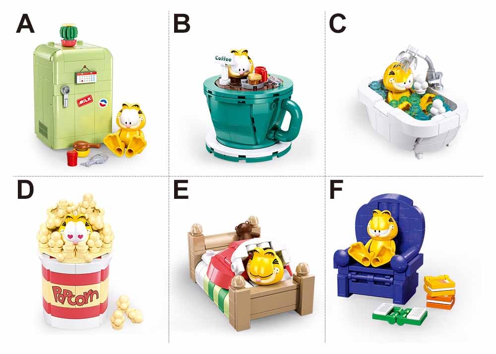 Sluban Garfield - Scatola espositiva, 6 scene da costruire, statuette Garfield a tema Nickelodeon, plastica ABS