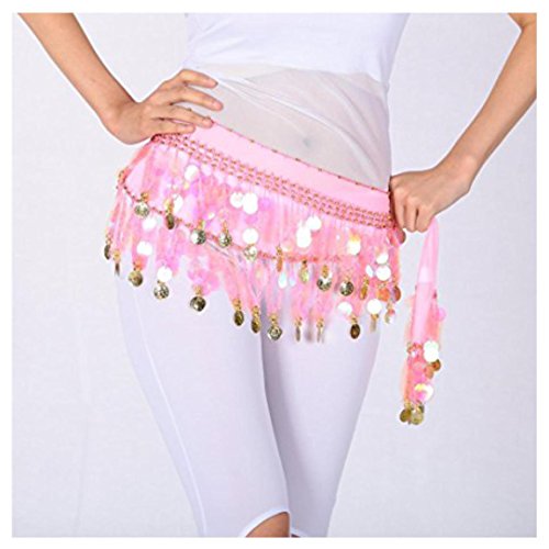 Image of VRITRAZ Women's Chiffon Belly Dance Hip Scarf Waistband Belt Skirt Mixed Colors Beads and Golded Coins 56 Black