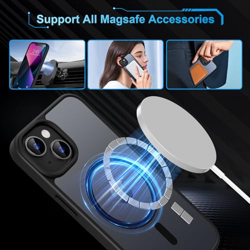TQIAHF Magnetisch Hülle für iPhone 13 / iPhone 14 Handyhülle mit 2 Schutzglas Folie Kompatibel mit Magsafe Hart Dünn Stoßfest Militärschutz Cover Case Hüllen Schutzhülle,Schwarz