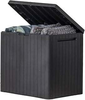 Keter City 30 Gallon Weather-Resistant Resin Deck Box & Patio Side Table - Dark Grey Outdoor Storage for Balcony, Pool & Garden