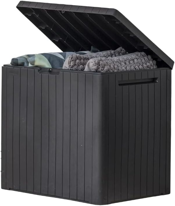 City 30 Gal Outdoor Storage Box and Patio Side Table | Grey, Resin, Compact, Weatherproof, Lockable, Easy Assembly, Organization, Pool Accessories Storage