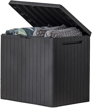 Keter City 30 Gallon Resin Outdoor Storage Box & Patio Side Table for Balcony, Pool, Deck & Garden Accessories, Weather‑Resistant, Dark Grey