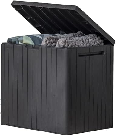 Keter City 30 Gallon Resin Outdoor Storage Box & Patio Side Table for Balcony, Pool, Deck & Garden Accessories, Weather‑Resistant, Dark Grey