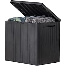 Keter City 30 Gallon Resin Outdoor Storage Box &amp; Patio Side Table for Balcony, Pool, Deck &amp; Garden Accessories, Weather‑Resistant, Dark Grey
