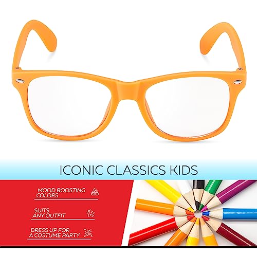 Image of Retro Rewind Kids Nerd Costume Clear Lens Non-Prescription Fake Glasses for Children Age 3-10 | Fun Colors, Rubberized Frame, UV Protection Shatterproof Lens, Square Kids Toddler Shades for Beach, Travel, Everyday