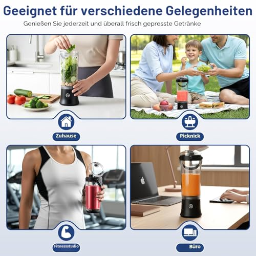 TopEsct tragbarer Mixer für Shakes und Smoothies,500 ml leistungsstarker kabelloser Mini-Mixer,wiederaufladbar mit 6 ultrascharfen Klingen für Reisen,Büro und Sport (Schwarz)