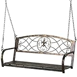 Yaheetech Iron Porch Swing Hanging Bench Chair Patio Bench Outdoor Swing Glider Chair Outdoor Funiture Fleur-De-Lis Design