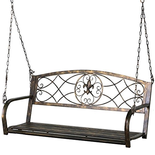 Yaheetech Iron Porch Swing Hanging Bench Chair Patio Bench Outdoor Swing Glider Chair Outdoor Funiture Fleur-De-Lis Design