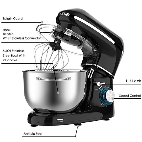 Stand mixer,Kuccu 5.5 Quart Tilt-Head, 660w Electric Kitchen mixer, 6-Speeds With Stainless Steel Bowl,Dough Hook,Whisk, Beater,Egg white separator (5.5-QT, Black)