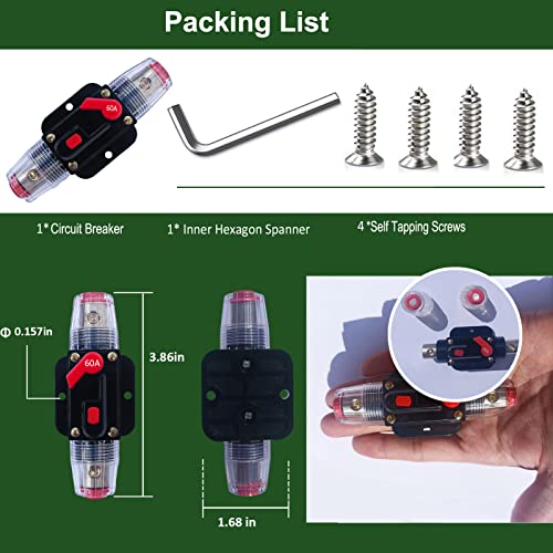 Image of 60 Amp Circuit Breaker Manual Reset Waterproof Inline Fuse Inverter for Car ATV Marine Trolling Motors Boat Power Protect 12V-48V DC, with Inner Hexagon Tool & Screw