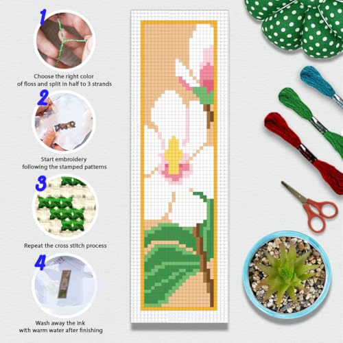 Image of BEUNITONE 6 Pcs Flower Cross Stitch Bookmark Kits for Beginners Magnolia DIY Stamped Cross Stitch Kit Vintage Floral Embroidery Kit with Instruction for Craft Book Lover Reader Writer 8''x2.4''