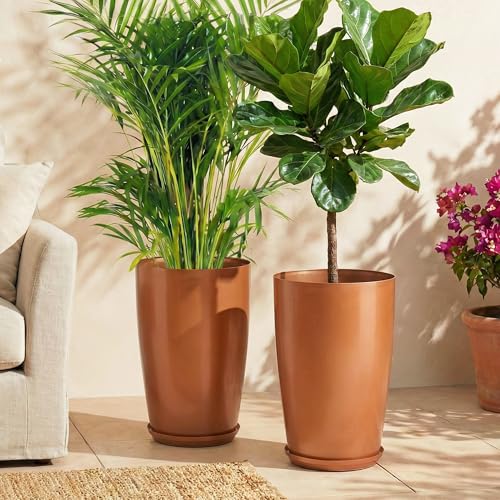 Image of Heart Home 2 Pcs Big Planters /Vase with Saucer for Home Decor | 18 Inch Large Outdoor & Indoor Flower Pot /Drainage Hole /Lightweight /Plant Container | Copper