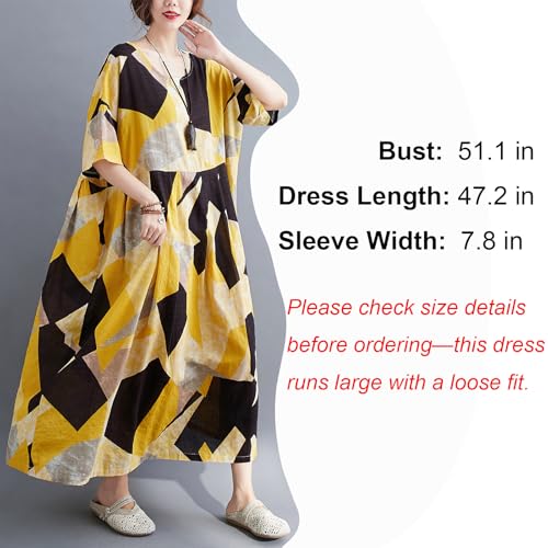 Image of Women Plus Size Color Block Dress Geometric Block Print Round Neck Side Pockets Casual Loose Dresses