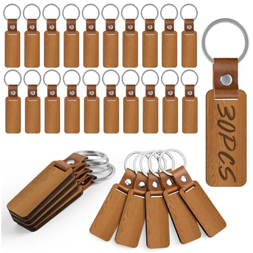 ALDMIO 30 Pcs Wood Keychain Blanks Wooden KeyChain with Leather Strap Unfinished Wooden Key Ring for Laser Engraving DIY Various Key Tags Wood Crafts