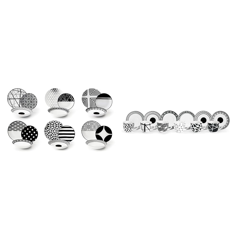 Excelsa Emily Juego de platos, porcelana, blanco/negro, 18 artículos + Emily Servicio de Tazas de café con platillo, Porcelana, Blanco/Negro