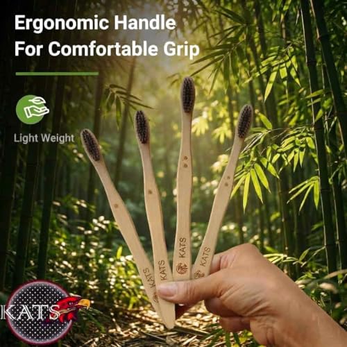 Image of KATS Organic Bamboo Toothbrush for Adults (Pack of 4), Charcoal Activated Soft Bristles, Identification Marks, Biodegradable, Anti-Bacterial, Eco-friendly, Natural, Manual