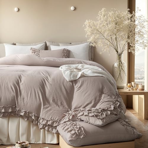 Bedorm Taupe Queen Comforter Shabby Chic Ruffled Bedding Set Taupe
