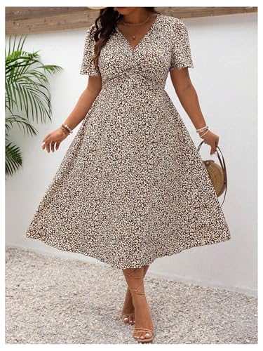 Image of Floerns Women's Plus Size Twist Front V Neck Midi Dress Short Sleeve A Line Dresses