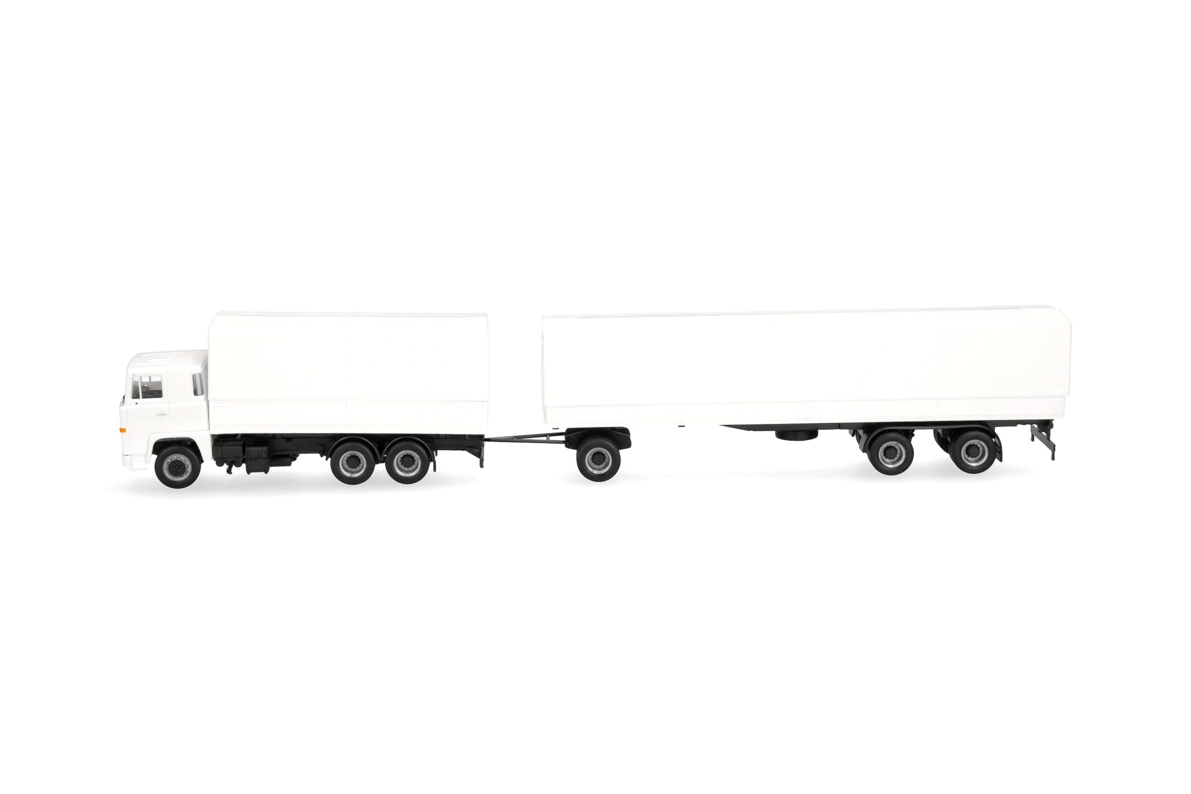 Herpa model ciężarówki Scania 141 zestaw z przyczepą plandekową, biały, miniatura w skali 1:87, model kolekcjonerski, Made in Germany, tworzywo sztuczne