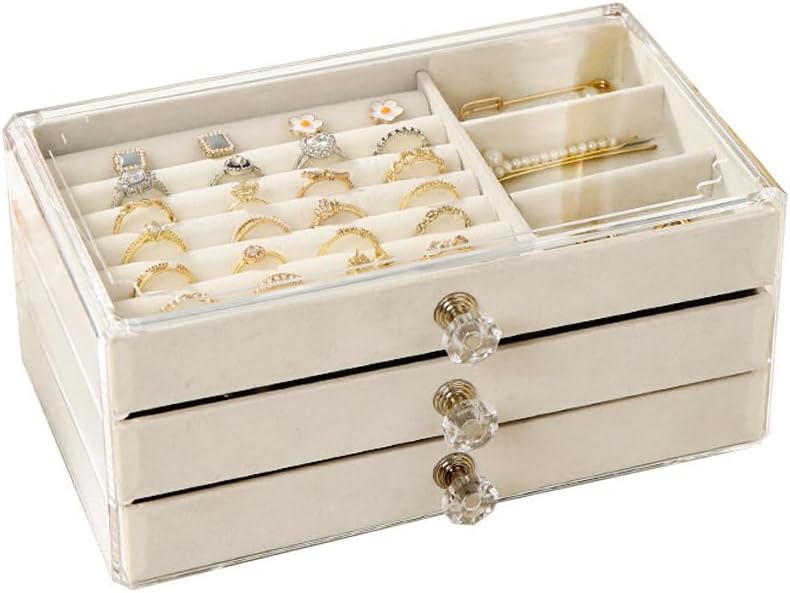 Orchid MOrchid M® Clear Acrylic Velvet Jewelry Organizer with 3 Drawers,Velvet Display Case Stackable Display Storage Earrings Necklace Rings Bracelets Box Holder Case for Women, Beige