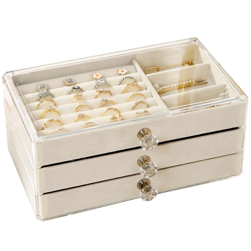 Orchid MOrchid M® Clear Acrylic Velvet Jewelry Organizer with 3 Drawers,Velvet Display Case Stackable Display Storage Earrings Necklace Rings Bracelets Box Holder Case for Women, Beige