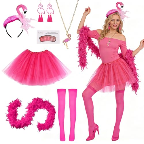 Flamingo Kostüm Damen, Karneval Kostüm Accessorie mit Rosa Tüllrock, Federschal, haarreif, Strümpfe, Press On Nails, Ohrringe, Halskette...