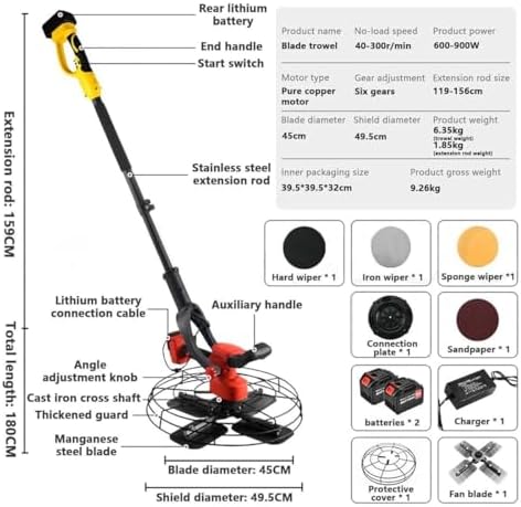 Professional Cordless Rendering Tool - 300 RPM Electric Handheld Finishing Machine, 45cm Blade, 6-Speed Control, Cement Trowel with 30000mAh Battery & Extension Pole.