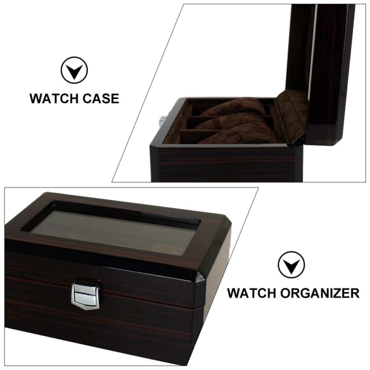 Cabilock Schwarze Holz Uhrenbox mit 3 Fächern als Aufbewahrungsorganizer | Armbanduhr Sicher Geschützt, Geschenk zum Geburtstag oder Valentinstag