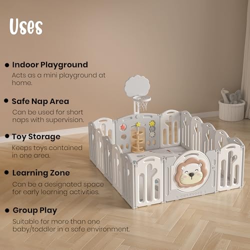Image of 46 Sq Ft Extra Large Baby Playpen | Lion-Themed 20-Panel Play Yard with Soft Mat & Basketball Hoop | Indoor /Outdoor Toddler Fence | Grey-White | ISO & CE Certified