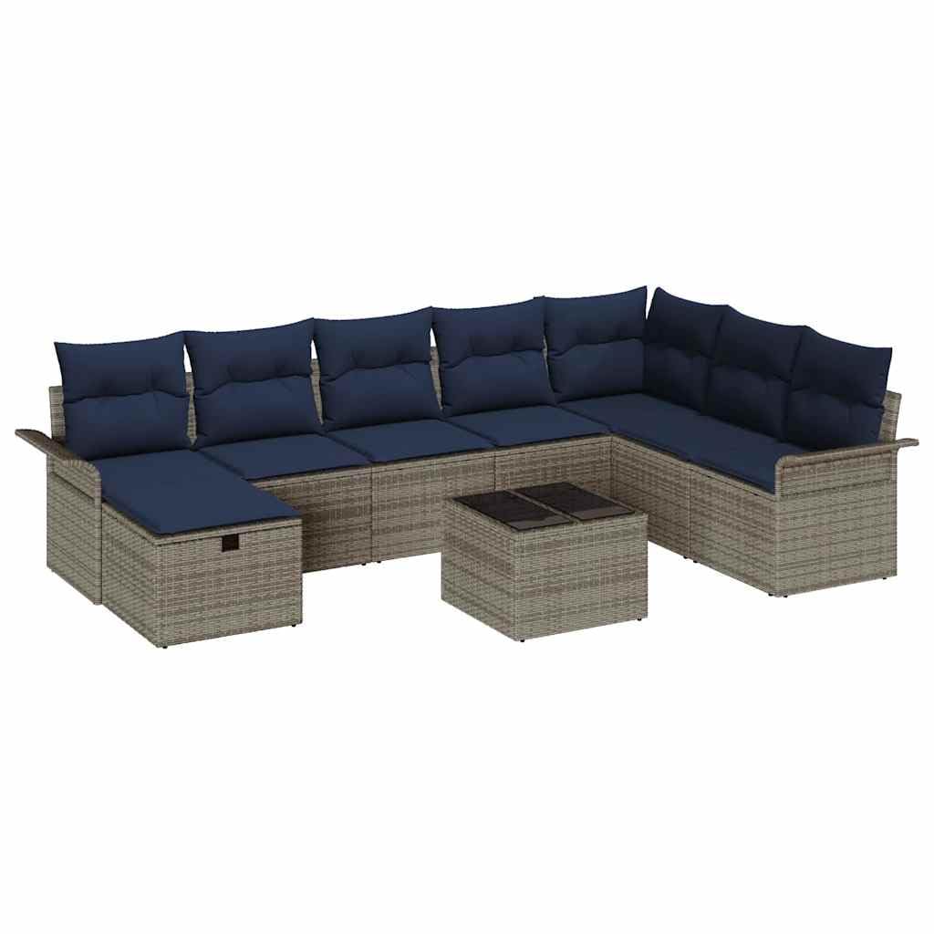 Juego de 9 muebles de jardín con cojín, color gris y azul marino, mesa de polirratán, altura regulable, espacio de almacenamiento, para terraza