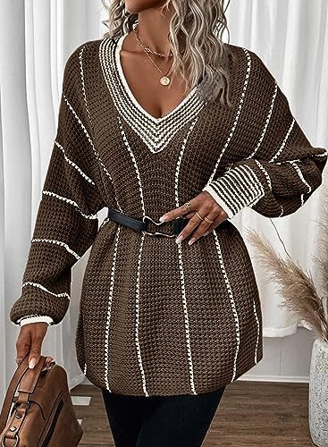 Dokotoo Womens Oversized Striped Tunic Sweaters Casual V Neck Long Sleeve Color Block Knit Pullover Jumper Tops4