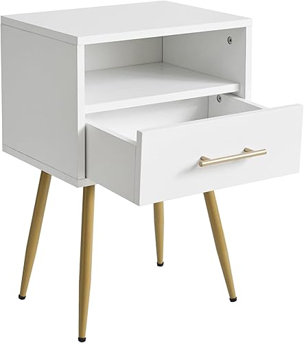 IBUYKE Mesita de noche, mesita de noche moderna de mediados de siglo, mesita de noche con cajones y estante de almacenamiento abierto, mesa auxiliar