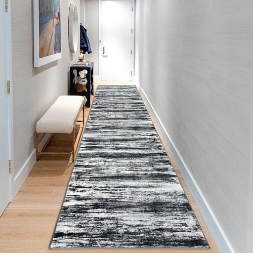 KOZYFLY 3x10 Ft Rug Modern Ombre Runner Rug for Hallway, Washable Kitchen Rugs Non-Slip Soft Striped Entryway Rug, Print Distressed Black Navy Blue Grey Abstract Carpet for Laundry Nursery