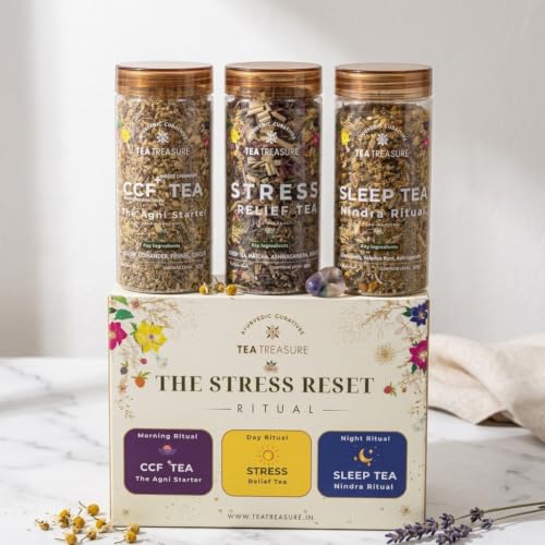 Image of TeaTreasure Stress Reset Ritual Kit - CCF+, Stress Relief & Sleep Herbal Tea Combo | Ayurvedic Blend for Digestion, Anxiety Relief, Focus & Better Sleep | Caffeine-Free
