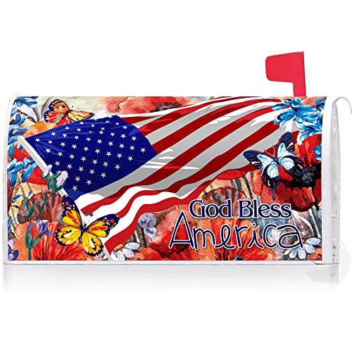 Texupday God Bless America Patriotic Floral Independence Day Mailbox Cover With Magnetic Strip Memorial Day Mailbox Wraps Post Letter Box Cover Standard Size 21" X 18" For Garden Outdoor Yard Decor #TOP25