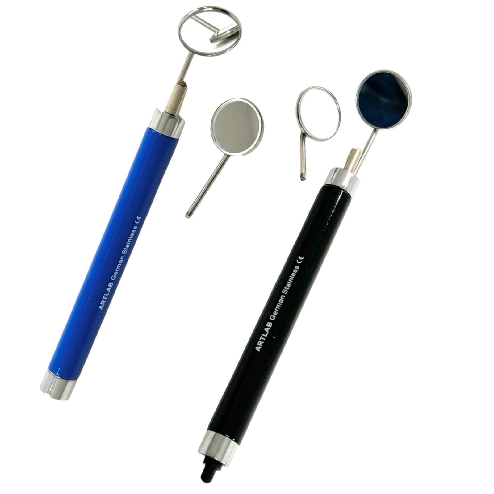 2 Pack - Dental Teeth Examination Mirror Handles with Mirror Heads #4 + #5 - with Illumination Light - Black and Blue Handles - German Stainless
