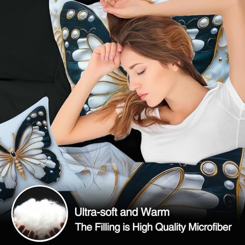 Image of A Nice Night 6pcs Bed in A Bag Black and Glod Dreamy 3D Butterfly Pearl Flower Design, Butterflies Printed Bedding Twin Comforter Set, for Girls Kids Teens