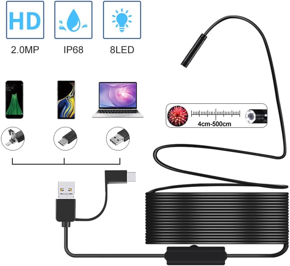 USB Camera IP67 Waterproof Sewer Camera with 8 LED for Android & Windows PC (Color : Hard Cable, Size : 2m)