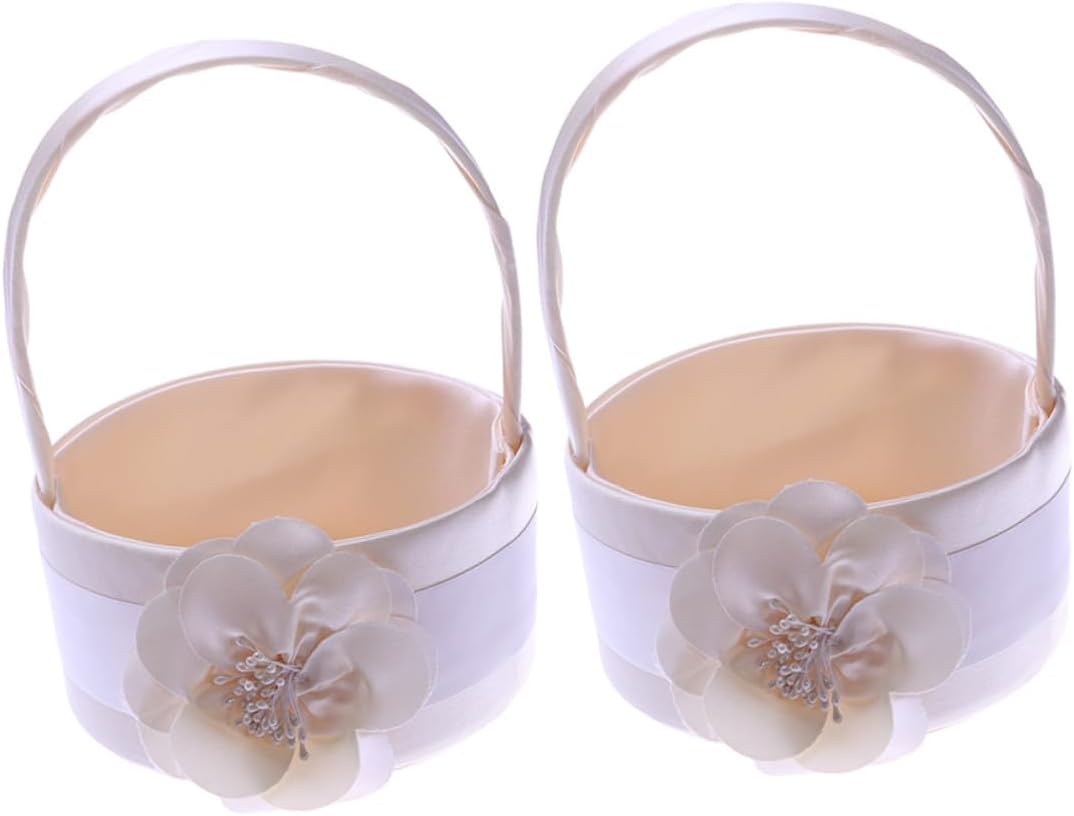 Cabilock Satin Flower Girl Basket 2pcs Wedding Supplies Handheld Petal Basket for Bridal Ceremony and Party Decoration
