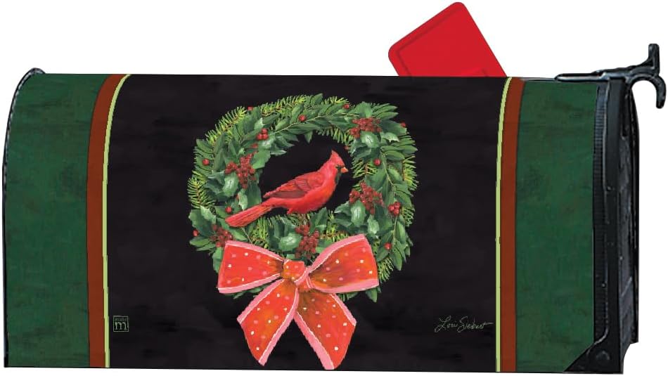 Studio M Decorative Holiday MailWrap Fits Standard Size 6.5 x 19 Inch Mailbox Weather Resistant Vinyl Green Red Christmas Cardinal Bird Wreath