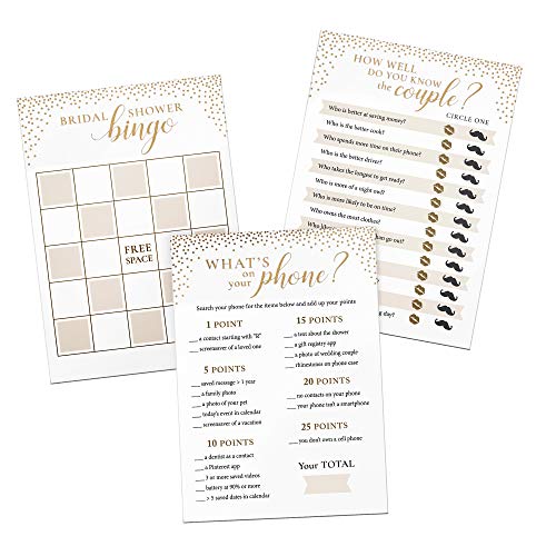 Kit de jeux de fête prénuptiale sur papier blanc avec motifs confettis dorés
