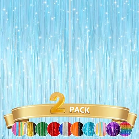 2 Pack Macaron Light Blue Metallic Tinsel Foil Fringe Curtains, Door Streamers Photo Booth Backdrop for Birthday Party, Tinsel Curtain Backdrop for Baby Shower Bachelorette Christmas Party Decorations Cover