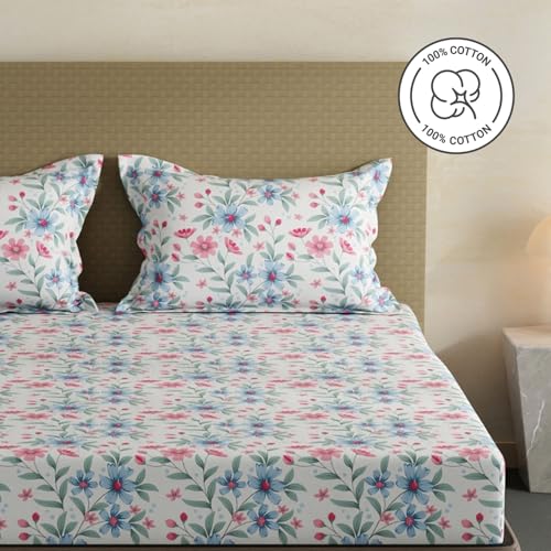 Image of Layers 100% Cotton Fitted Sheet for King Size Bed | Lumina Floret Collection | 144 TC Soft & Breathable | Floral Print with 2 Pillow Covers | Wrinkle Free & Colorfast | 3 Pc Bedding Set - Blue