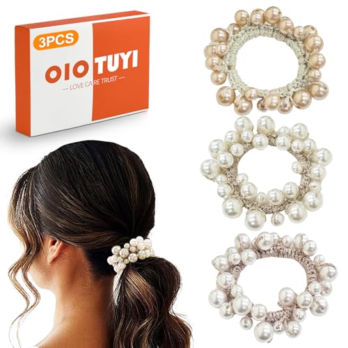 OioTuyi 3 Stück Elegante Glitzer Perlen Haargummis | Elastische Zopfgummis mit gutem Halt | Modischer Haarschmuck für Frauen & Mädchen | Pferdeschwanz Halter Set